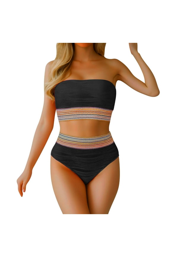 Swimwears Tankinis Set, High Waisted Bandeau Bikini Set Women Strapless Two Piece Swimsuits Ribbed Longline Full Coverage Bathing Suits Swimwear Black M