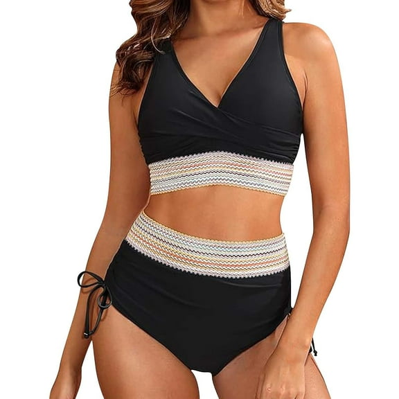 Baqcunre Bikini Sets for Women, Women's Gathered Tops Pleated Bottoms High Waist Split Bikini Women's Sports Split Swimsuit, Women's Swimwear One Set Black XL