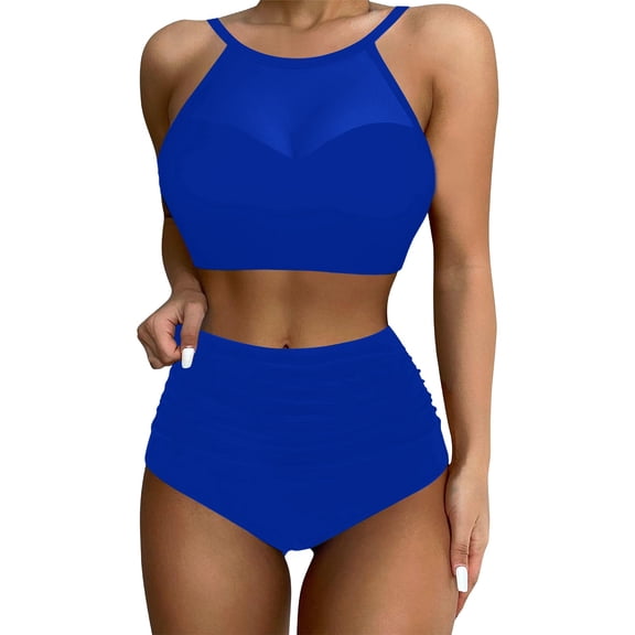 Baqcunre Bikini Sets for Women, 2025 New Bikini Women's Split Swimsuit Solid Color Mesh Splicing Swimsuit, Women's Swimwear One Set Blue S