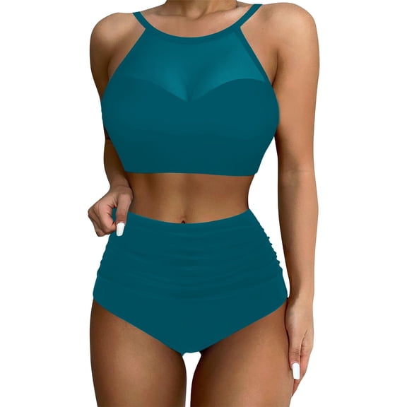 Baqcunre Bikini Sets for Women, 2025 New Bikini Women's Split Swimsuit Solid Color Mesh Splicing Swimsuit, Women's Swimwear One Set Dark Blue XL