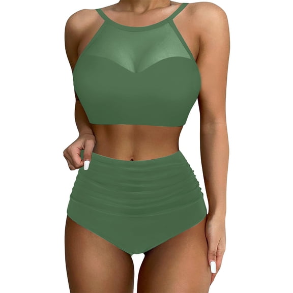 Baqcunre Bikini Sets for Women, 2025 New Bikini Women's Split Swimsuit Solid Color Mesh Splicing Swimsuit, Women's Swimwear One Set Green XL