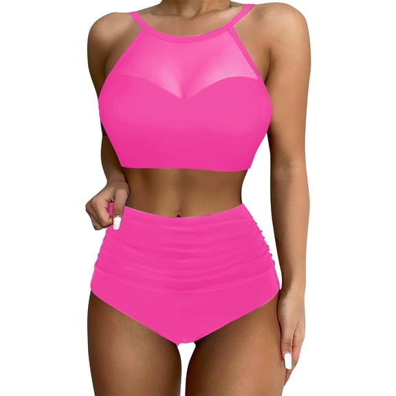 Baqcunre Bikini Sets for Women, 2025 New Bikini Women's Split Swimsuit Solid Color Mesh Splicing Swimsuit, Women's Swimwear One Set Hot Pink L