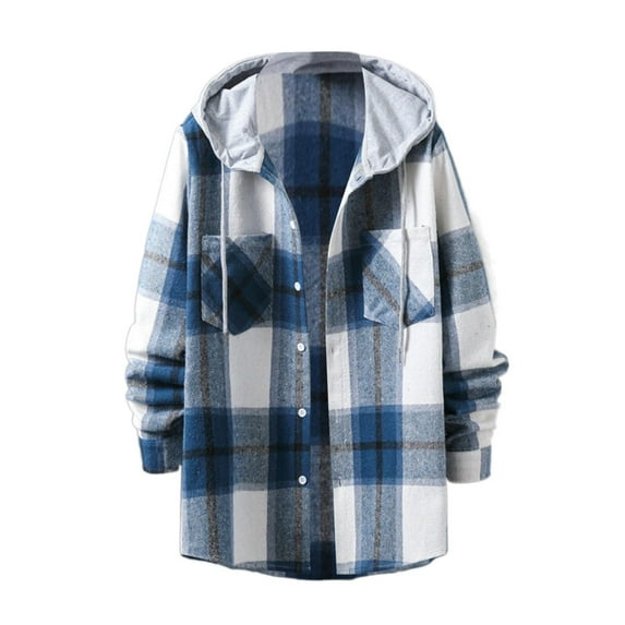 Baqcunre Blouses for Women Men's Plaid Long Sleeved Hooded Shirt Fashion Loose Lapel Color Woven Men's Shirt Womens Tops Plaid Shirts for Women Long Sleeve Shirts for Women Blue M