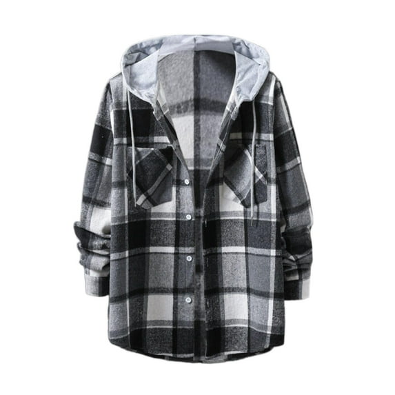 Baqcunre Blouses for Women Men's Plaid Long Sleeved Hooded Shirt Fashion Loose Lapel Color Woven Men's Shirt Womens Tops Plaid Shirts for Women Long Sleeve Shirts for Women Grey XXL
