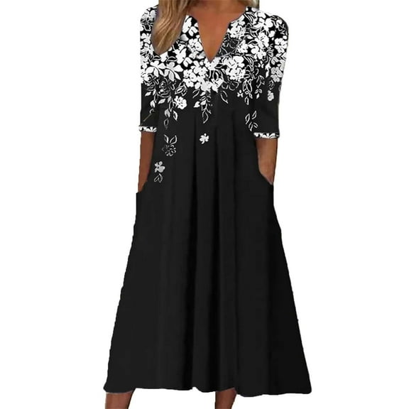 Baqcunre Boho Dresses for Women 2024 European And American Autumn New Women's V Neck Pocket Bohemian Print Three Quarter Sleeve Dress Dresses for Women 2024 Summer Dresses for Women 2024