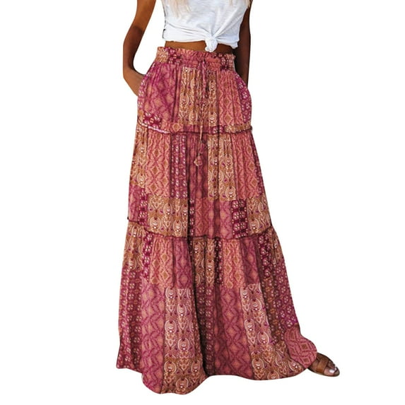 Baqcunre Boho Dresses for Women 2024 Womens Long Boho Flowers High Elastic Waist with Pockets And Belt Maxi Skirt Pleated Skirt Beach Skirt Skirt Dresses for Women 2024 Summer Dresses for Women 2024