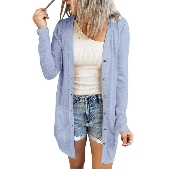 Baqcunre Cardigan For Women Ladies Casual Solid Color Button Pocket Long Sleeve Cardigan Coat Going Out Tops Sweaters For Women Sky Blue XL