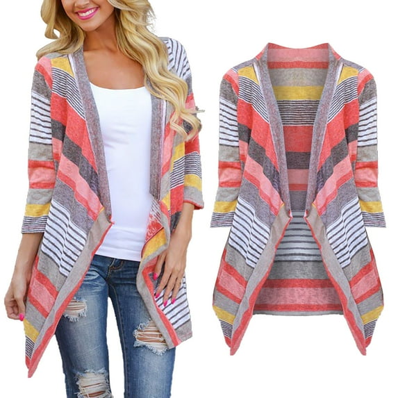 Baqcunre Cardigan For Women Women'S Casual Striped Stitching Seven Part Sleeve Cardigan Jacket Top Jackets For Women Fall Outfits For Women 2023 Red L