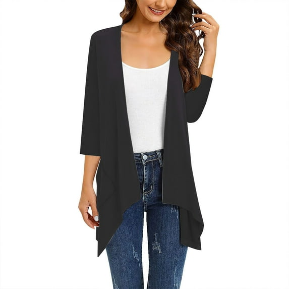 Baqcunre Cardigan For Women Women'S Pure Color Fashion Casual Three Quarter Sleeve Cardigan Womens Fall Fashion 2023 Sweaters For Women Black 4XL