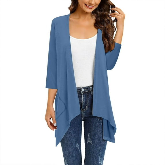Baqcunre Cardigan For Women Women'S Pure Color Fashion Casual Three Quarter Sleeve Cardigan Womens Fall Fashion 2023 Sweaters For Women Blue S