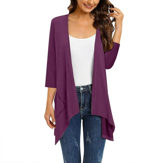 Baqcunre Cardigan For Women Women'S Pure Color Fashion Casual Three Quarter Sleeve Cardigan Womens Fall Fashion 2023 Sweaters For Women Purple 3XL
