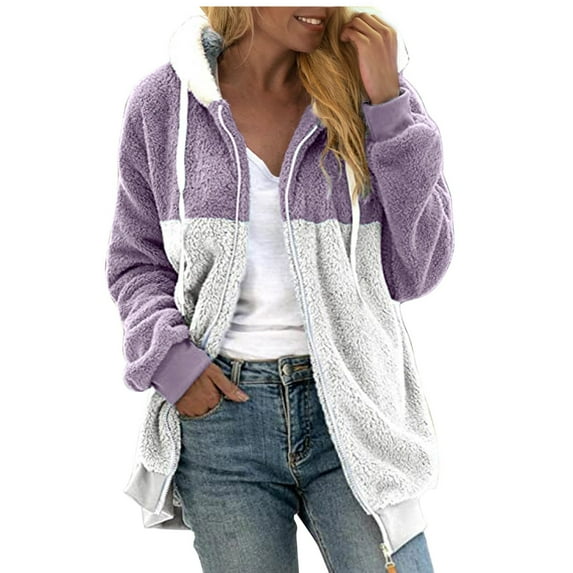 Baqcunre Cardigan Sweaters For Women Lightweight Women's Fashion Casual Patchwork Hooded Zipper Pocket Plush Sweater Jacket Womens Jacket Womens Fall Fashion 2023 Purple 3XL