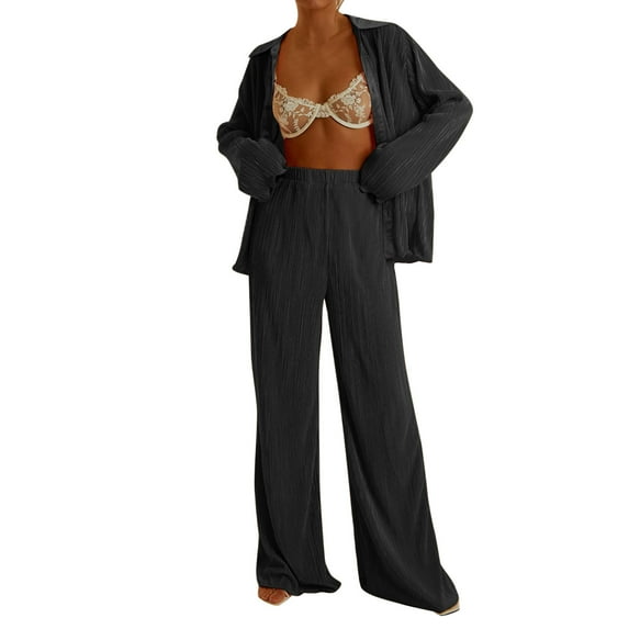 Baqcunre Cargo Pants Women Women 2 Piece Pants Set Oversized Floral Soild Button Down Shirt High Waist Pants Outfits Summer Streetwear Lounge Sets For Women Women'S Pants Black L