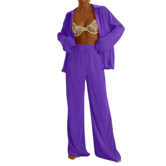 Baqcunre Cargo Pants Women Women 2 Piece Pants Set Oversized Floral Soild Button Down Shirt High Waist Pants Outfits Summer Streetwear Lounge Sets For Women Women'S Pants Purple L