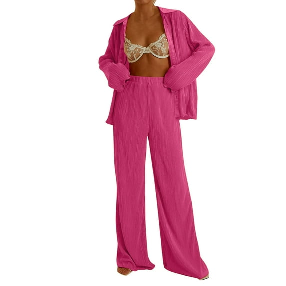 Baqcunre Cargo Pants Women Women 2 Piece Pants Set Oversized Floral Soild Button Down Shirt High Waist Pants Outfits Summer Streetwear Lounge Sets For Women Women'S Pants Hot Pink L