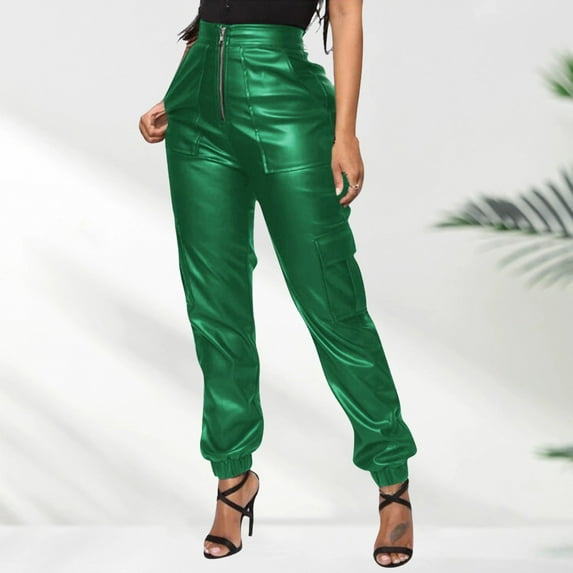 Baqcunre Cargo Pants Women Women'S Faux Leather Loose Solid Pant High Waist Baggy Jogger Cargo Pant With Pockets Leather Pants For Women Pants For Women Green M