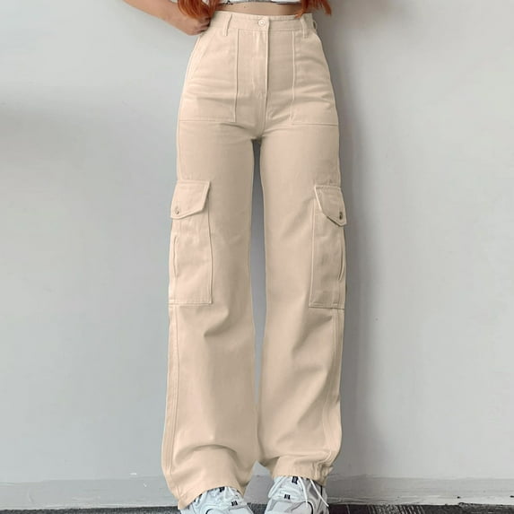 Baqcunre Cargo Pants Women,Women's Mid rise three-dimensional pocket long pants with waist closure,Women'S Pants,Joggers For Women,Pants For Women,Womens Clothes,Beige,M