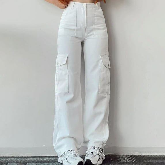 Baqcunre Cargo Pants Women,Women's New Summer Casual Mid Waist Stereoscopic Pocket Trousers With Waist Closed Cargo Pants,Women'S Pants,Wide Leg Pants Woman,Pants For Women,Womens Clothes,White,S