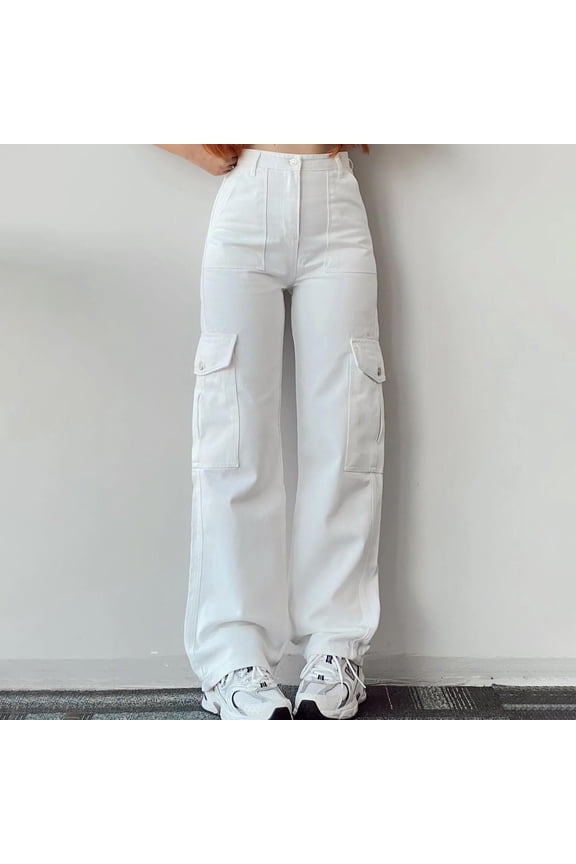 Cargo Pants Women,Women's New Summer Casual Mid Waist Stereoscopic Pocket Trousers With Waist Closed Cargo Pants,Women'S Pants,Wide Leg Pants Woman,Pants For Women,Womens Clothes,White,XXL