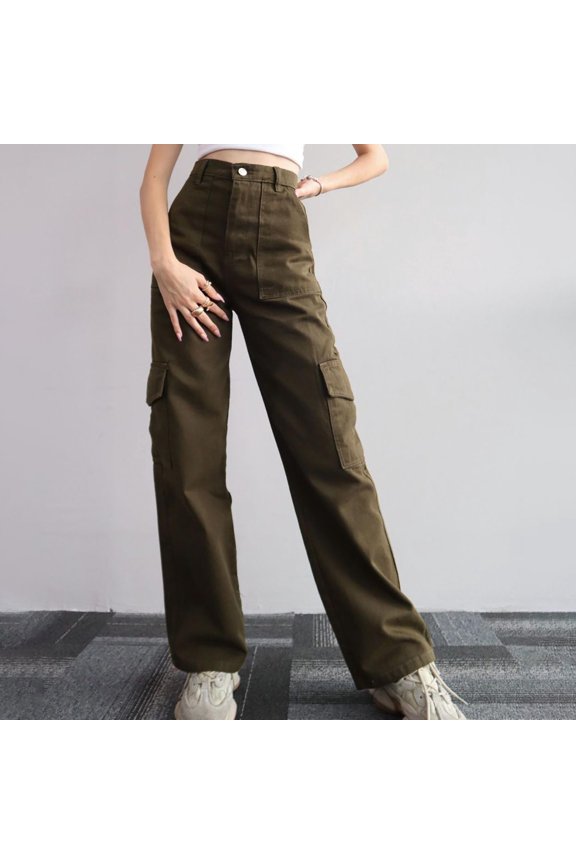 Cargo Pants Women,Women's New Summer Casual Mid Waist Stereoscopic Pocket Trousers With Waist Closed Cargo Pants,Women'S Pants,Wide Leg Pants Woman,Pants For Women,Womens Clothes,Green,XXL