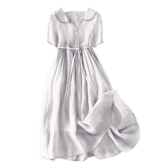 Baqcunre Casual Dresses for Women Women's Cotton And Linen Solid Color Retro Button V Neck Casual Dress Dresses for Women 2024 Summer Dresses for Women 2024 Womens Dresses White M(Hot)