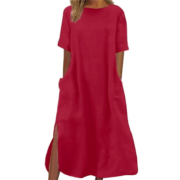 Baqcunre Casual Dresses for Women Women's Round Neck Short Sleeved Solid Color Long Casual Dress Dresses for Women 2024 Summer Dresses for Women 2024 Womens Dresses Red 3XL(Hot)