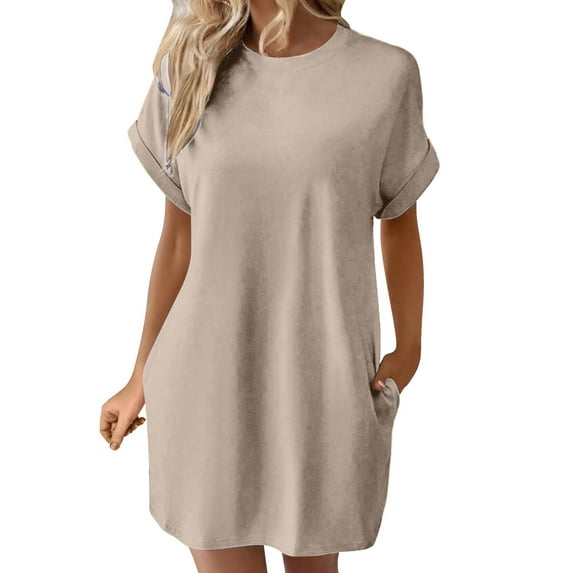 Baqcunre Casual Dresses for Women Women's Solid Color Round Neck Bat Sleeve Short Sleeve Hidden Pockets Loose Casual Dress Dresses for Women 2024 Summer Dresses for Women 2024 Womens Dresses