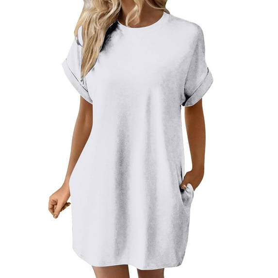 Baqcunre Casual Dresses for Women Women's Solid Color Round Neck Bat Sleeve Short Sleeve Hidden Pockets Loose Casual Dress Dresses for Women 2024 Summer Dresses for Women 2024 Womens Dresses