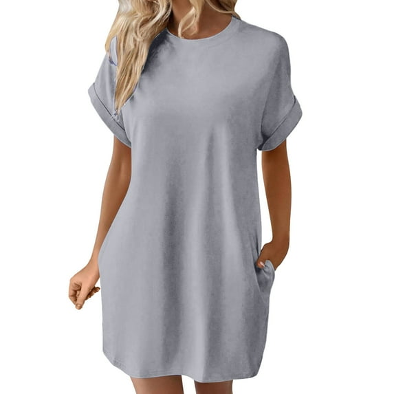 Baqcunre Casual Dresses for Women Women's Solid Color Round Neck Bat Sleeve Short Sleeve Hidden Pockets Loose Casual Dress Dresses for Women 2024 Summer Dresses for Women 2024 Womens Dresses