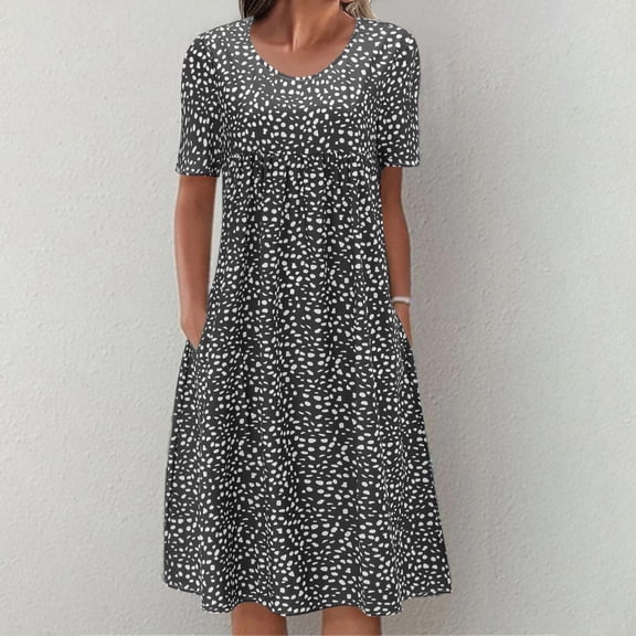 Baqcunre Casual Loose Round Neck Bohemian Floral Dress Short Sleeve Maxi Summer Beach Swing Dress Long Dress Women'S Casual Dresses Fall Dresses For Women,Womens Dresses,Color Black,Size L
