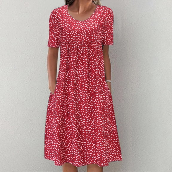 Baqcunre Casual Loose Round Neck Bohemian Floral Dress Short Sleeve Maxi Summer Beach Swing Dress Long Dress Women'S Casual Dresses Fall Dresses For Women,Womens Dresses,Color Red,Size M