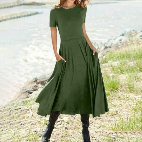 Baqcunre Casual Short Sleeve Crew Neck Solid Color Swing Dress Boho Fold Dress With Pocket Long Dress Women'S Casual Dresses Long Dress Women Clothing Womens Dresses,Color Green,Size 2XL