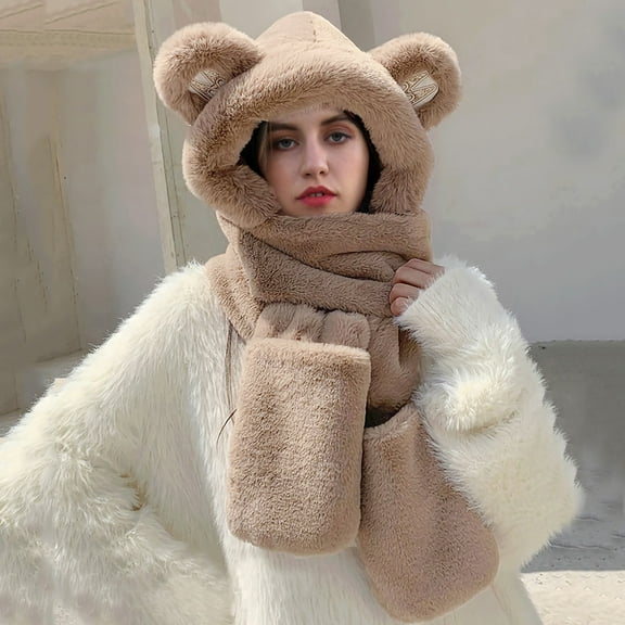 Baqcunre Clearance! Beanies Hats Men, Women Woolen Three In One Hooded Cap Earflap Hat Long Scarf Gloves Set Winter Thermal Plush Earflap Hat Scarf Pocket Gloves Set Windproof Bear Themed Set,