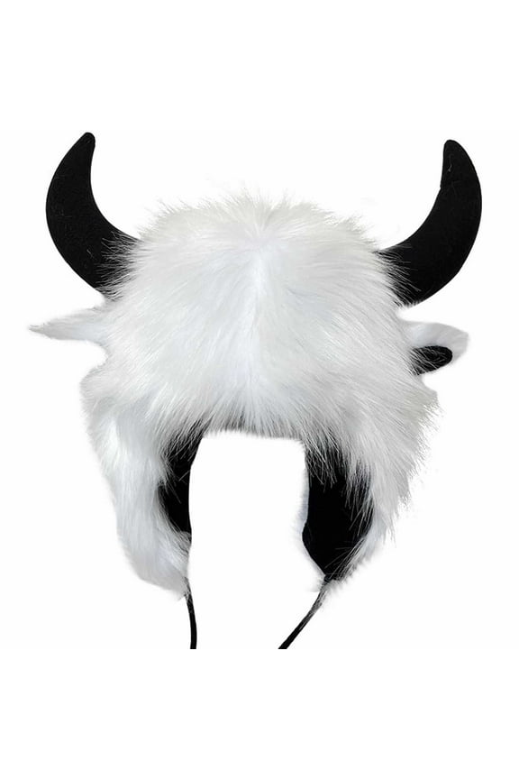 Beanies Hats Women,Buffalo Hat with Horns Furry Earmuff Winter Hats Buffalo Ear Headwear Earflap Hat White