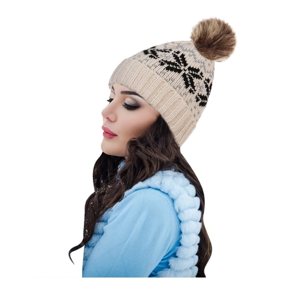 Baqcunre Caps for Women,Warm Knit Woolen Hat with Pom & Fuzzy Snowflake Faux Baseball Caps Beige