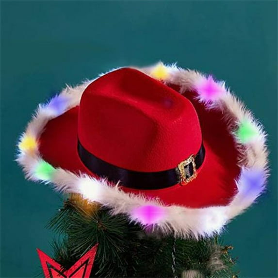 Baqcunre Cowboy Hat, Christmas Hat Santa Hats Adult Christmas Feather with Led Lights Cowboy Hat Red Western Cowboy Red Hat Santa Trimmed Lights Hat, Cowgirl Hat, Cowboy Hats for Women
