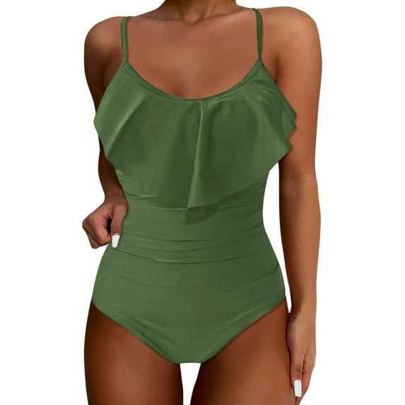 Baqcunre Cute & Flattering Ruffle Swimwear: Women's Tummy Control Bathing Suit for All Shapes, 1 Pc One-Piece Swimwear Army Green L