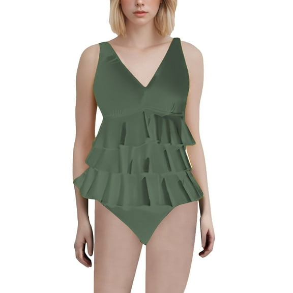 Baqcunre Full Coverage Retro Swim Dress: Women's Ruffle Tummy Bathing Suit for Elegance, 1 Pc Swimsuit Army Green L