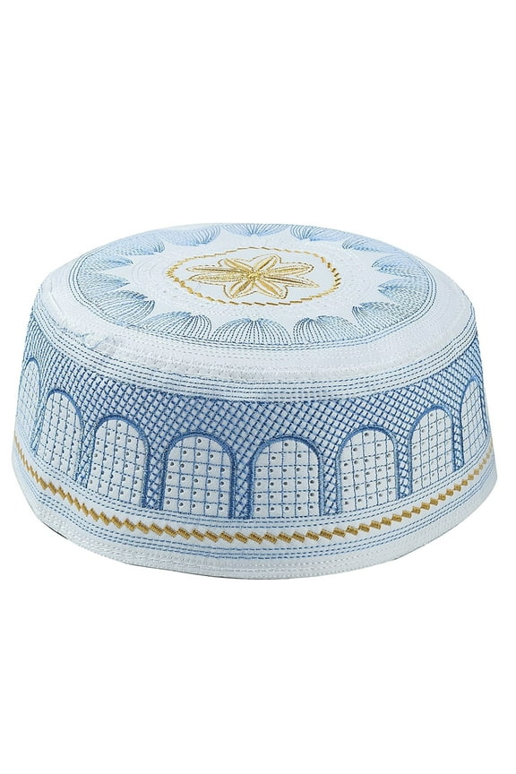 Kufi Hats for Men Muslim, Muslim Cotton Embroidered Flat Hat for Men Blue M