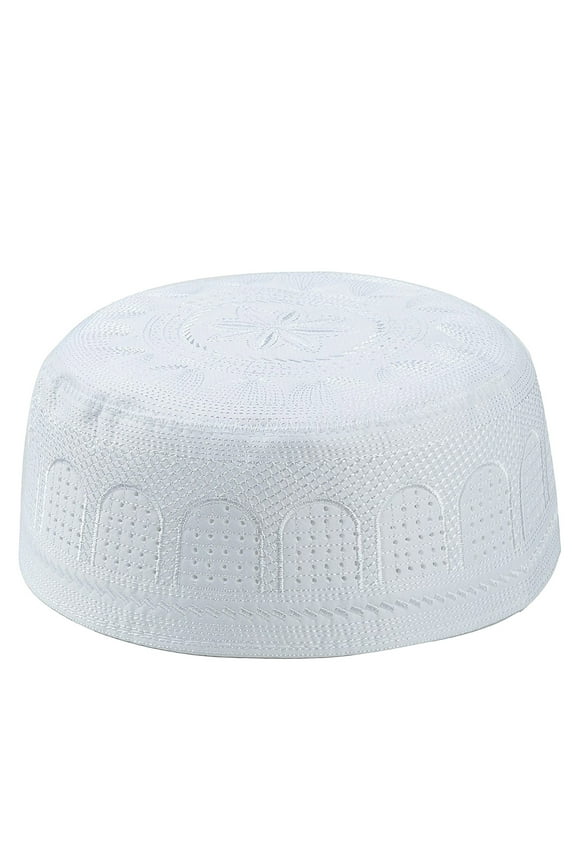 Kufi Hats for Men Muslim, Muslim Cotton Embroidered Flat Hat for Men White L