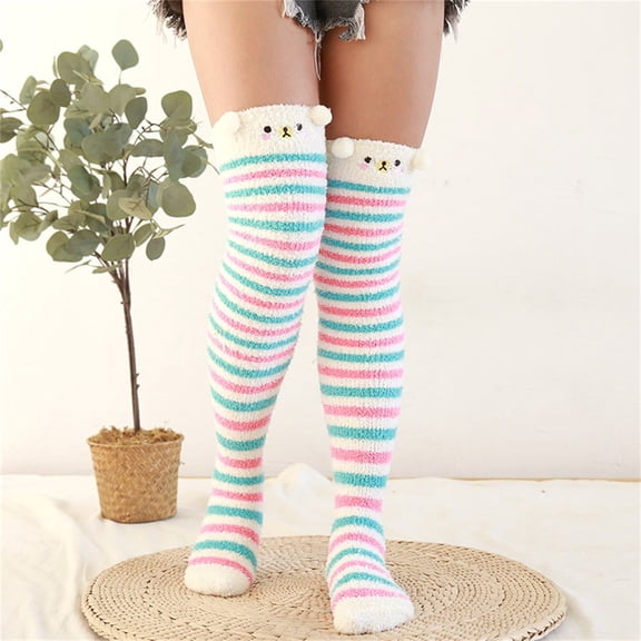 Baqcunre Long Socks Thigh High Cotton Socks, Women's Coral Fleece Thickened Cartoon Striped Warm Towel Floor Socks 2Pc Stockings, Socks for Women, Mens Socks