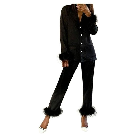 Baqcunre Pajamas for Women, Women's Homewear Solid Color Lapel Feather Top with Pants Two Piece Pajamas Set Sleepwear Loungewear Pjs Nightgown for Women, A Set Black L