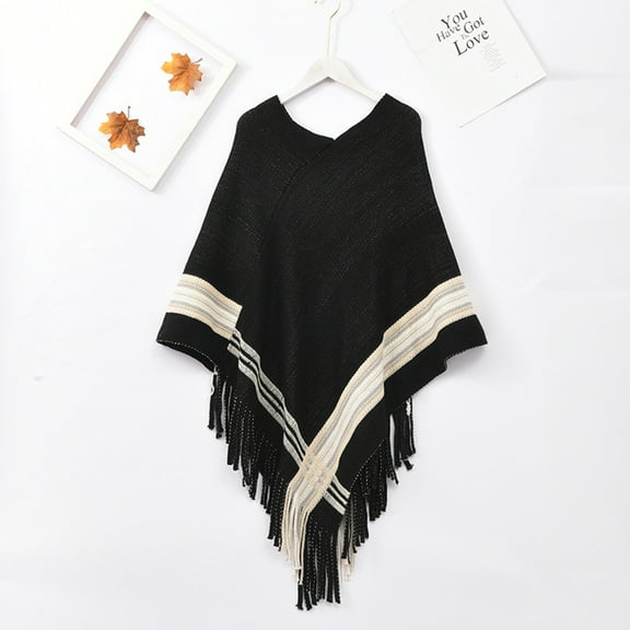 Baqcunre Scarf for Women, Women Splice Poncho with Tassels Faux Plush Shawl Scarf Fringed Wraps Pashminas Sweater Pullover Cape Gifts for Women Sweater Tassel Hem Shawl Wrap Cloak,