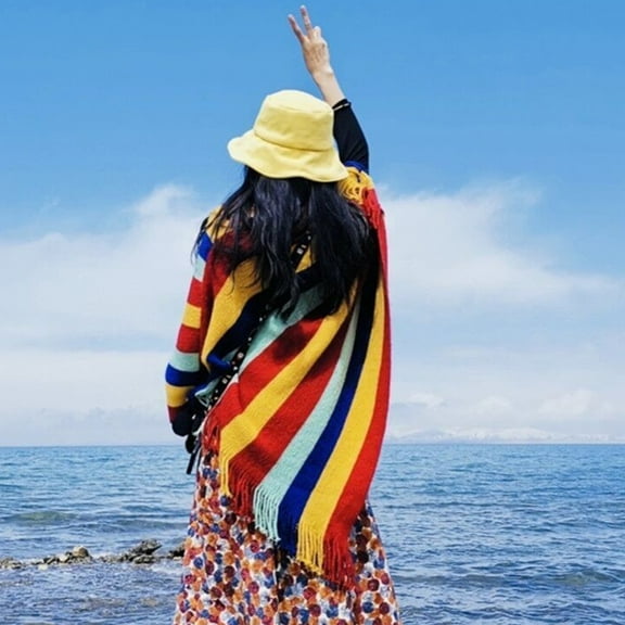 Baqcunre Clearance! Scarf for Women, Womens Colourful Pullover Sweater Cloak Tassels Other Scarves & Shawls Knitwear Loose Poncho Sweater Irregular Hem Splicing Wraps The Shawl,