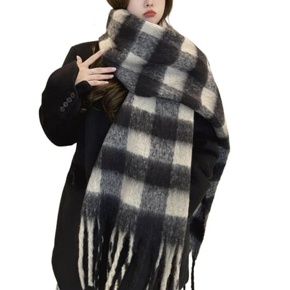 Baqcunre Scarf for Women, Women Woven Knitted Scarf with Colourful Check Pattern And Long Thick Fringes Warm Winter,