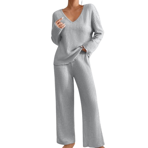 Baqcunre Sweatsuits Women 2 Piece Outfit,2 Outfits for Women Knit Sweater Long Sleeve Crewneck Tops And Wide Leg Pants 2024 Ribbed Fall Set Gray