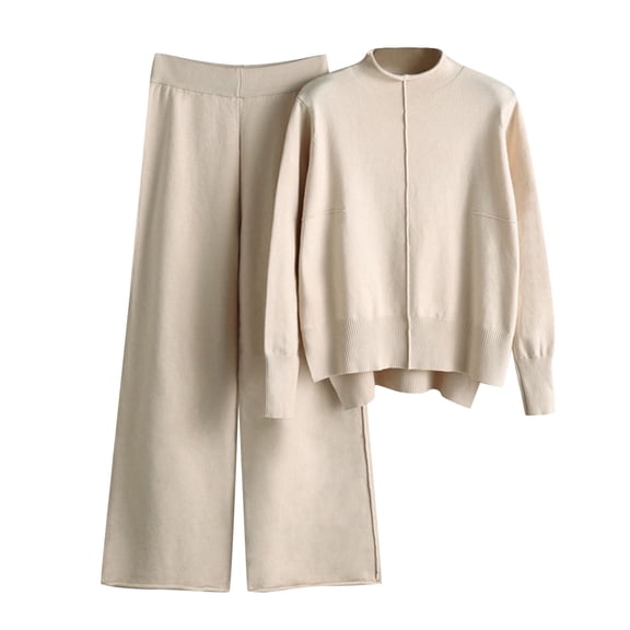 Baqcunre Sweatsuits Women 2 Piece Outfit,Women Autumn And Winter Fashion Temperament Loose Casual Wide Leg Pants Knitted Sweater Two Suit Beige