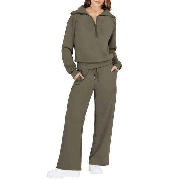 Baqcunre Sweatsuits Women 2 Piece Outfit,Women Two Outfits Sweatsuit Set Quarter Zip Sweatshirt Wide Leg Sweatpant Fall Set Tracksuit Army Green