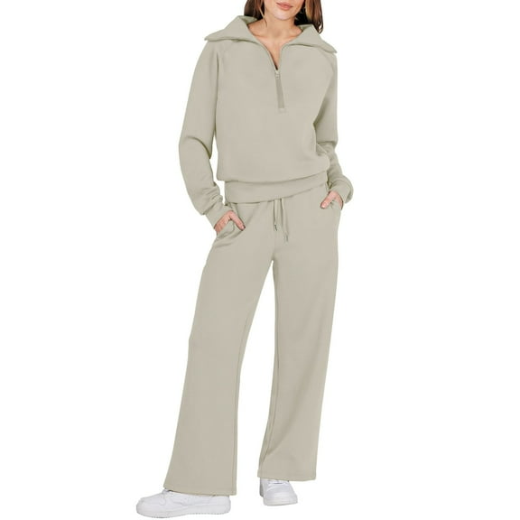 Baqcunre Sweatsuits Women 2 Piece Outfit,Women Two Outfits Sweatsuit Set Quarter Zip Sweatshirt Wide Leg Sweatpant Fall Set Tracksuit Beige