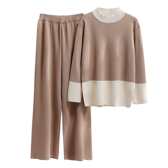 Baqcunre Sweatsuits Women 2 Piece Outfit,Women's Solid Colour V Neck Button Down Sweater Top Trouser Set Khaki